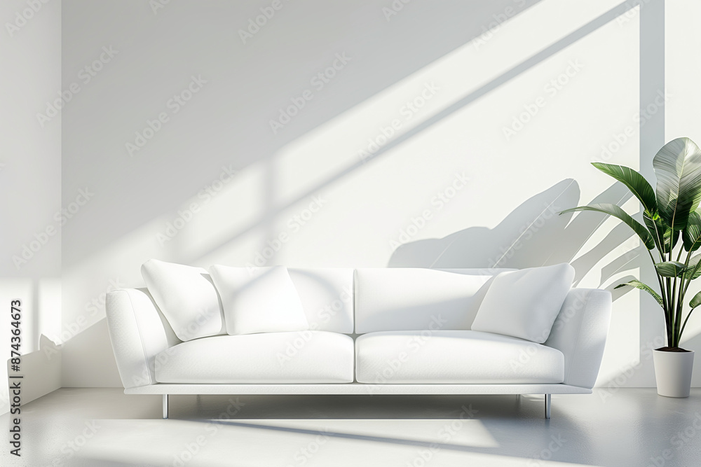 A well-lit interior featuring a modern white sofa, designed as a perfect abstract background or wallpaper with best-seller potential in home decor A well-lit interior featuring a modern white sofa, designed as a perfect abstract background or wallpaper with best-seller potential in home decor