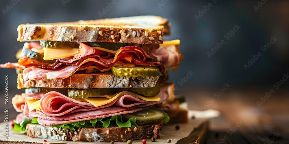 Traditional deli sandwich with layers of meats cheeses and pickles. Concept Sandwich Making, Deli Meats, Cheese Selections, Pickle Choices, Layered Ingredients Traditional deli sandwich with layers of meats cheeses and pickles. Concept Sandwich Making, Deli Meats, Cheese Selections, Pickle Choices, Layered Ingredients