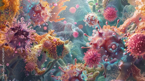 A close-up view of a vibrant microcosm showcasing various colorful viral cells interacting and moving within a larger structure.