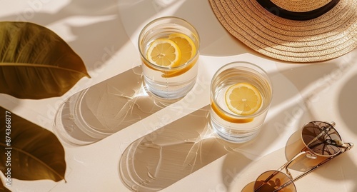 Sunlit Summer Table With Lemon Slices and Straw Hat