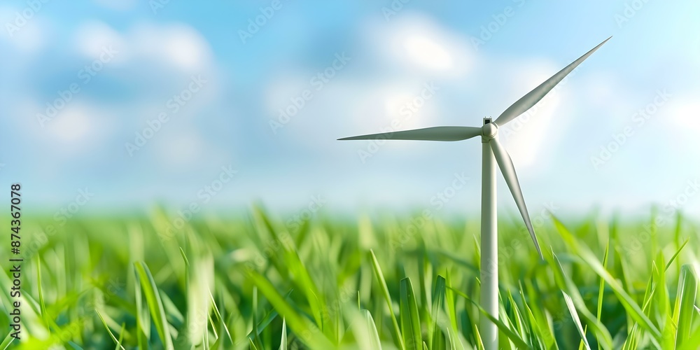 Obraz premium Closeup of wind turbine in green field symbolizing clean renewable energy. Concept Renewable Energy, Wind Turbines, Green Technology, Sustainable Living, Environmental Conservation