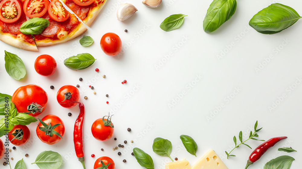Fresh and Colorful Pizza Ingredients on White Background - Closeup of Tomatoes, Cheese, Chili Peppers, and Basil Leaves, Perfect for Culinary Designs and Italian Cuisine Themes Fresh and Colorful Pizza Ingredients on White Background - Closeup of Tomatoes, Cheese, Chili Peppers, and Basil Leaves, Perfect for Culinary Designs and Italian Cuisine Themes