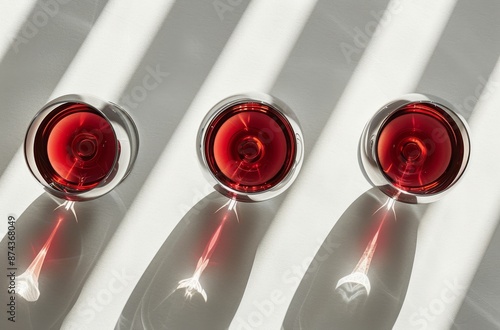 Two Glasses of Red Liquid With Shadows on White Surface