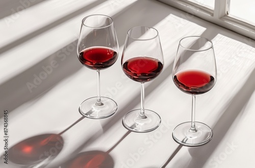 Two Glasses of Red Liquid With Shadows on White Surface