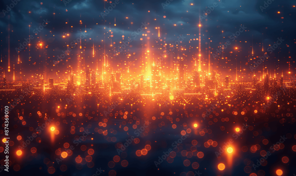 Futuristic High-Speed Digital Cityscape with Glowing Data Lines and Particles in Blue and Orange Futuristic High-Speed Digital Cityscape with Glowing Data Lines and Particles in Blue and Orange