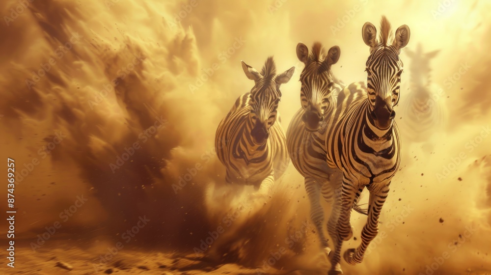 Fototapeta premium Zebras Running Through a Dust Cloud