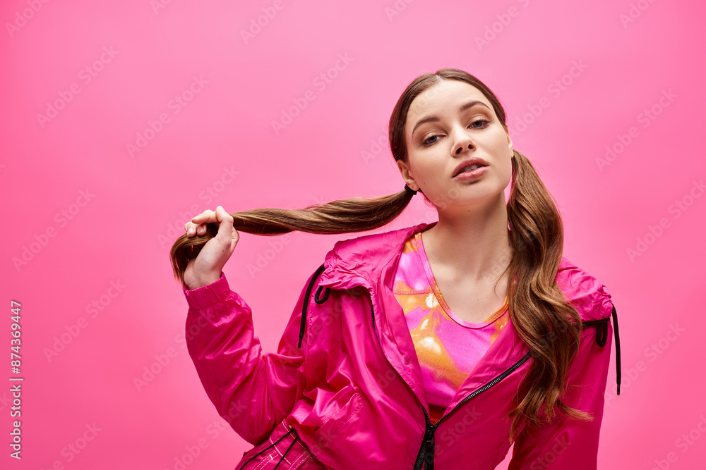 Fototapeta premium A young woman in her 20s, exudes style and elegance, wearing a pink jacket in a studio with a vibrant pink background.