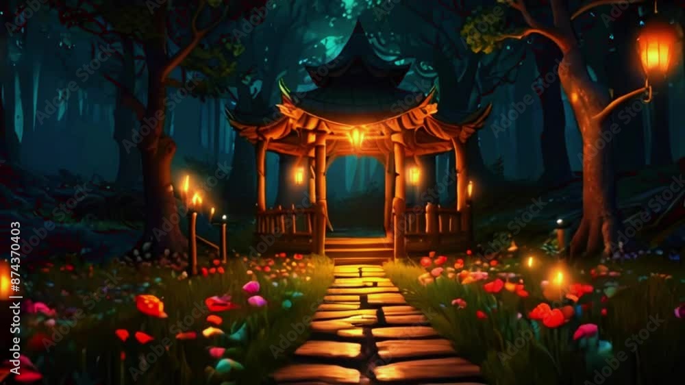 A winding path through a forest, lined with glowing lanterns and flowers, leading to a hidden treehouse, 4K High-Quality fantasy Wallpaper Time lapse animation video A winding path through a forest, lined with glowing lanterns and flowers, leading to a hidden treehouse, 4K High-Quality fantasy Wallpaper Time lapse animation video