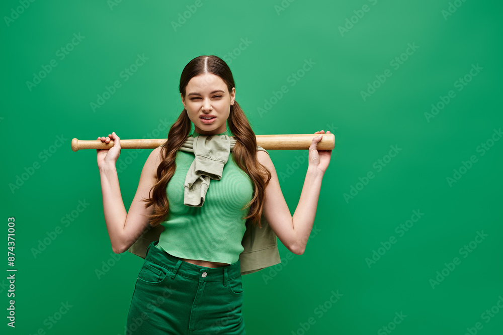A young beautiful woman in her 20s holds a baseball bat over her shoulder in a studio setting on a green background. A young beautiful woman in her 20s holds a baseball bat over her shoulder in a studio setting on a green background.