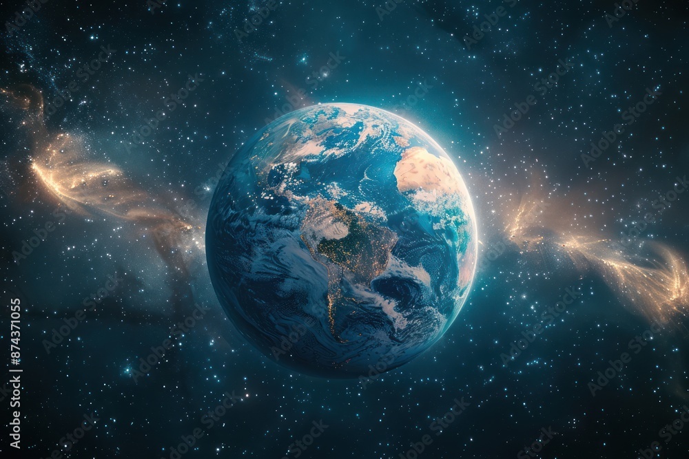Fototapeta premium A detailed view of the Earth from space, with a bright starry night sky and a galactic nebula in the background