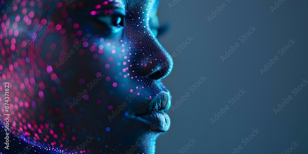 Digital hologram of a black womans face made of colorful pixels. Concept Digital Art, Hologram Technology, Black Woman, Colorful Pixels, Futuristic Design Digital hologram of a black womans face made of colorful pixels. Concept Digital Art, Hologram Technology, Black Woman, Colorful Pixels, Futuristic Design