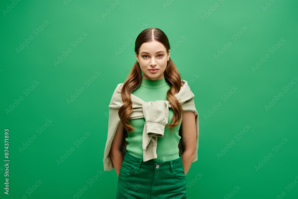 A young woman with long hair stands against a green background in a studio setting. A young woman with long hair stands against a green background in a studio setting.