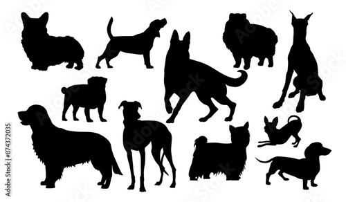Vector dogs silhouettes collection includes 
Welsh Corgi, pug, beagle, Golden Retriever, Greyhound, West Highland White Terrier, belgian Shepherd, pomeranian spitz, Dobermann, Chihuahua, Dachshund.