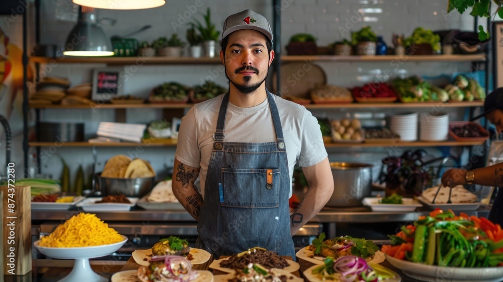 A man is smiling and standing in front of a table full of food. Generate AI image A man is smiling and standing in front of a table full of food. Generate AI image