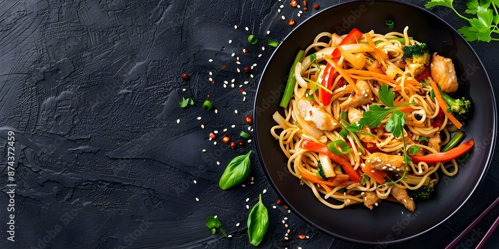 Stirfried noodles with vegetables and chicken in a savory sauce. Concept Delicious Noodles Recipe, Healthy Meal Ideas, Quick Stir-Fry Dish, Asian Cuisine Inspiration Stirfried noodles with vegetables and chicken in a savory sauce. Concept Delicious Noodles Recipe, Healthy Meal Ideas, Quick Stir-Fry Dish, Asian Cuisine Inspiration