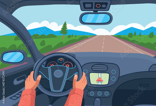 Car interior, driver controls the car, hand on the steering wheel, view of the driver inside the car with steering wheel, dashboard and road, illustration in flat style. cartoon vector illustration