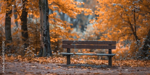 An Empty Bench in the Autumn Forest, A Place of Tranquility and Reflection.