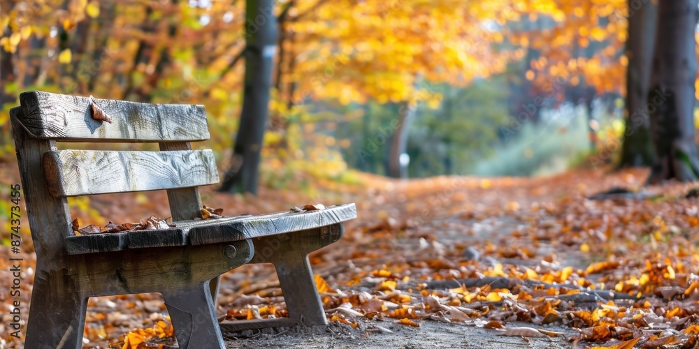 A Lonely Wooden Bench Amidst Vibrant Autumn Foliage in a Tranquil Forest Setting. A Lonely Wooden Bench Amidst Vibrant Autumn Foliage in a Tranquil Forest Setting.
