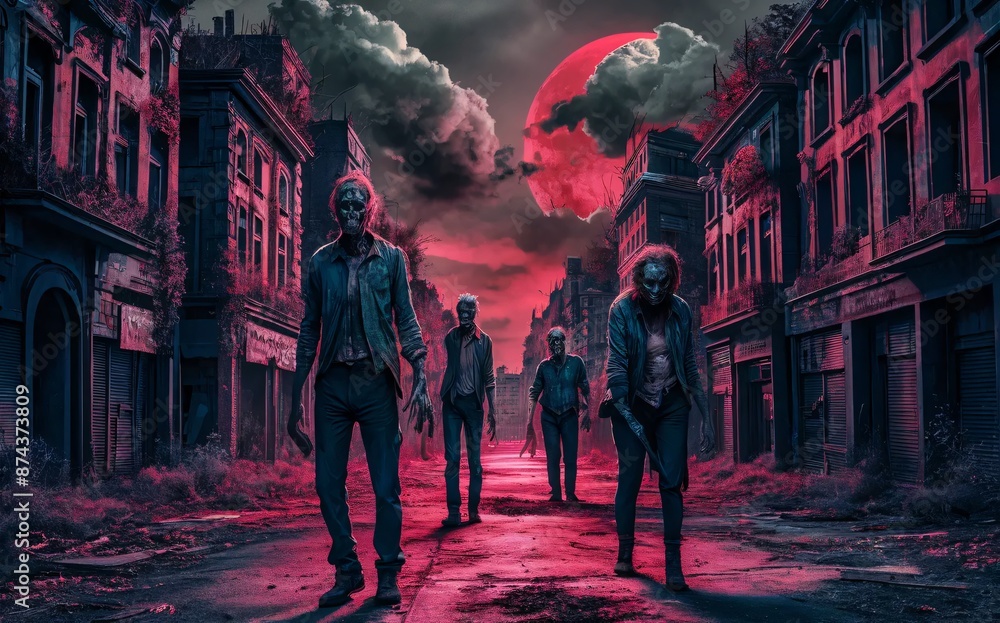 A zombie apocalypse scene in an abandoned city, with undead wandering the streets A zombie apocalypse scene in an abandoned city, with undead wandering the streets