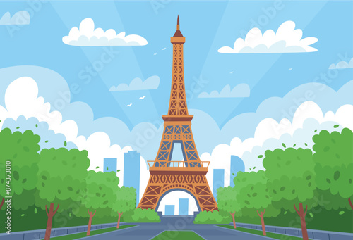 Eiffel Tower in capital of France. Tourism trip. Eiffel tower with trees. Cartoon flat style.