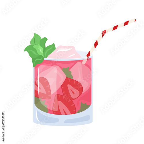 Strawberry mojito realistic cocktail in glass with lime, ice, mint leaves and drinking straw. Vector illustration pink summer beach cocktail isolated on white background.