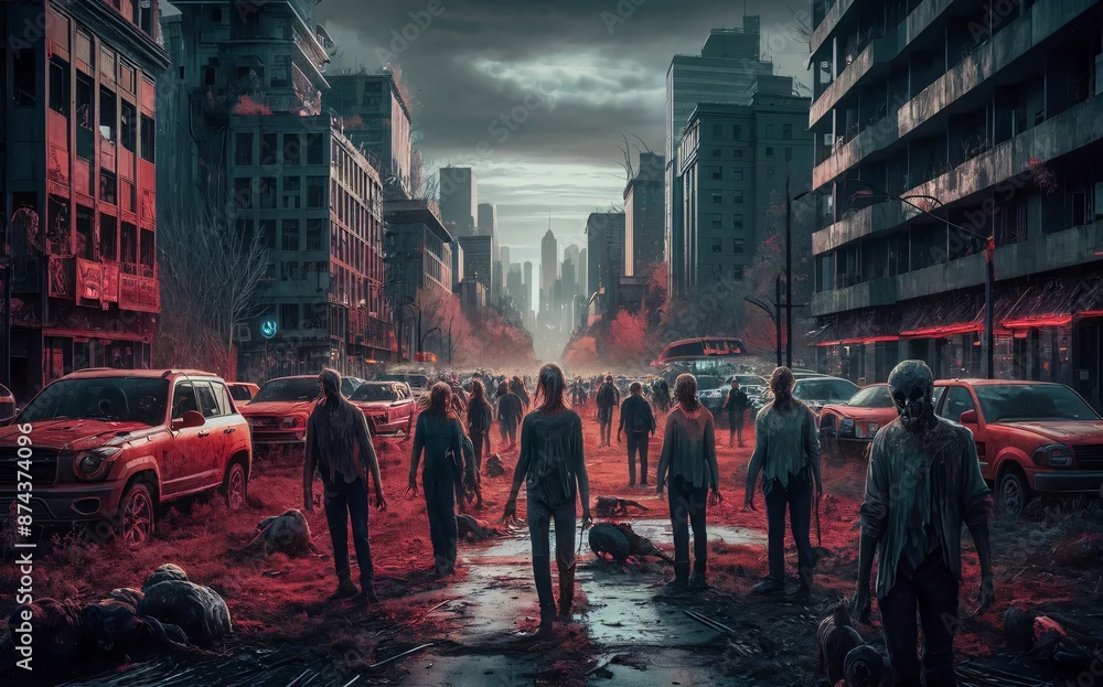Obraz premium A zombie apocalypse scene in an abandoned city, with undead wandering the streets