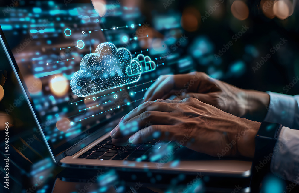 Storage network cloud service concept. Cloud Data Transfer and Online Storage for Business Networks design