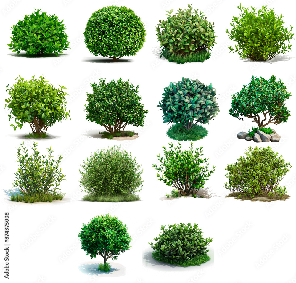 Fototapeta premium Set of summer green shrubs on transparent background