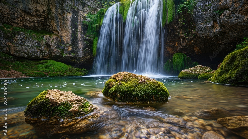 Fototapeta premium A serene waterfall in a hidden glade, with moss-covered rocks and clear, cool water flowing into a pool below.