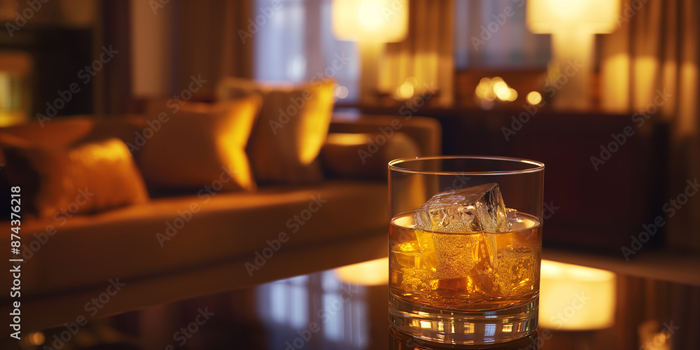 A glass of whiskey on the rocks sits on a reflective surface in a cozy, sophisticated room with warm lighting, creating a perfect atmosphere for relaxation. A glass of whiskey on the rocks sits on a reflective surface in a cozy, sophisticated room with warm lighting, creating a perfect atmosphere for relaxation.