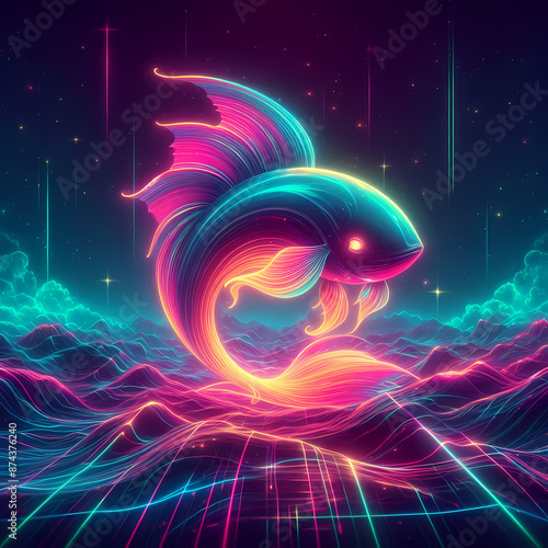 Fototapeta Naklejka Na Ścianę i Meble -  synthwave idyllic creature emerging haze neon colors sleek streamlined form glowing softly synthwave fish illustrations
