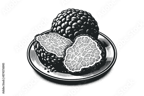 Black truffle on the plate. Delicious mushroom . Beautiful vintage engraving illustration, emblem, icon, logo, sketch. Black lines