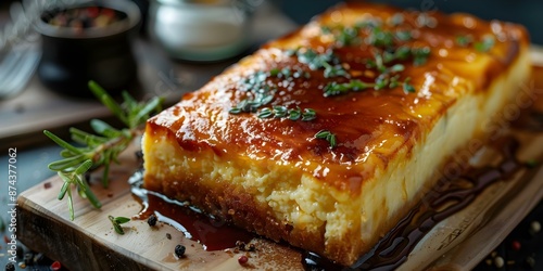 Basque cheesecake baked in a loaf pan with caramelized top and creamy center. Concept Basque Cheesecake, Loaf Pan Baking, Caramelized Top, Creamy Center photo