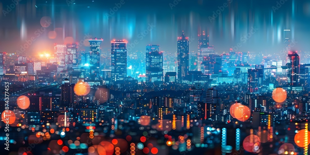 Obraz premium Vibrant cityscape at night with futuristic lights and digital effects. Concept Cityscape Photography, Night Lights, Futuristic Urban, Digital Effects, Vibrant Colors