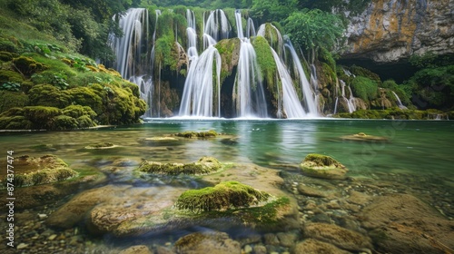 A serene waterfall in a hidden glade, with moss-covered rocks and clear, cool water flowing into a pool below.