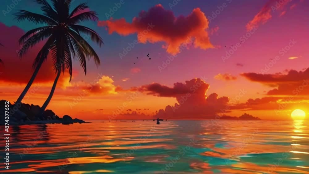 a tropical beach with palm trees, clear turquoise water, and the sun rising behind pink and orange clouds, 4K Ultra HD resolution High-Quality animation video a tropical beach with palm trees, clear turquoise water, and the sun rising behind pink and orange clouds, 4K Ultra HD resolution High-Quality animation video