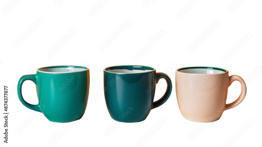 Three cups of different colors are lined up on a transparent background Three cups of different colors are lined up on a transparent background