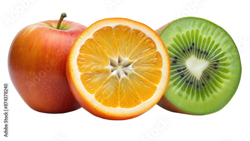 Three different types of fruit are shown, including an apple, an orange