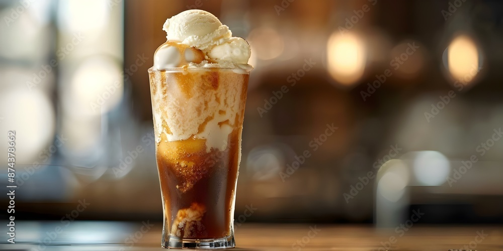 Oldfashioned photo of root beer float in tall glass with ice cream. Concept Food Photography, Dessert, Retro Style, Vintage, Root Beer Float Oldfashioned photo of root beer float in tall glass with ice cream. Concept Food Photography, Dessert, Retro Style, Vintage, Root Beer Float