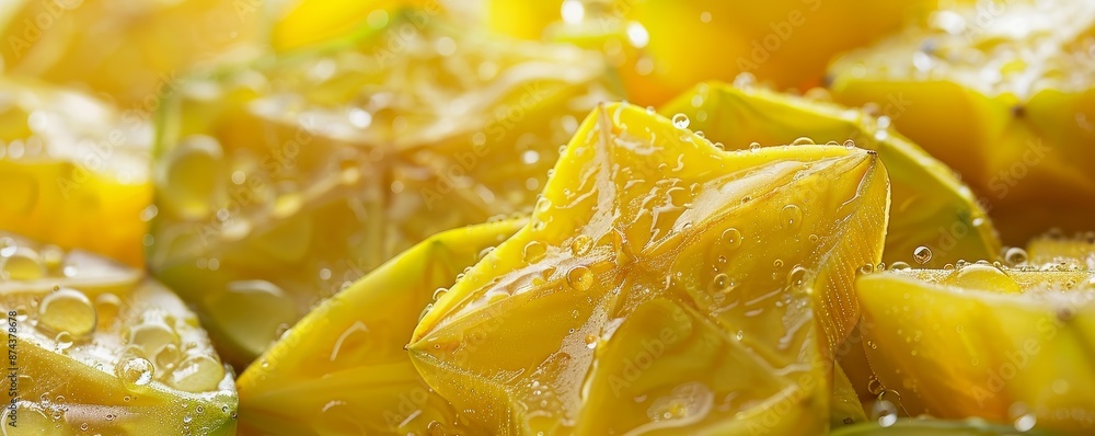 Close-up of Dewy Starfruit Slices, Macro Photography Close-up of Dewy Starfruit Slices, Macro Photography