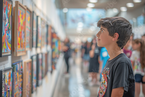 Boy admiring artwork at school art show