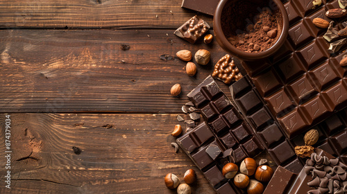 A delightful arrangement of dark chocolate bars and pieces with cocoa cups and hazelnuts on a brown wooden background. The close-up, top view composition highlights the rich texture and indulgent.