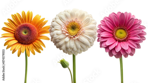 Three flowers of different colors are arranged in a row