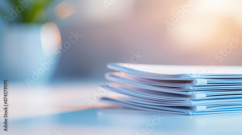 Stack of neatly organized documents on a desk with a blurred background. Focus on paperwork, suitable for office and business themes. photo