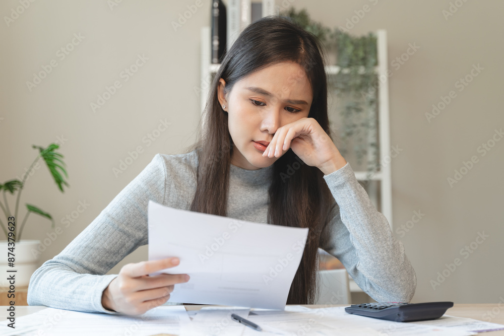 Financial owe, hand of asian woman sitting, holding credit card, stressed by calculate expense from invoice or bill, no money to pay, mortgage or loan Financial owe, hand of asian woman sitting, holding credit card, stressed by calculate expense from invoice or bill, no money to pay, mortgage or loan