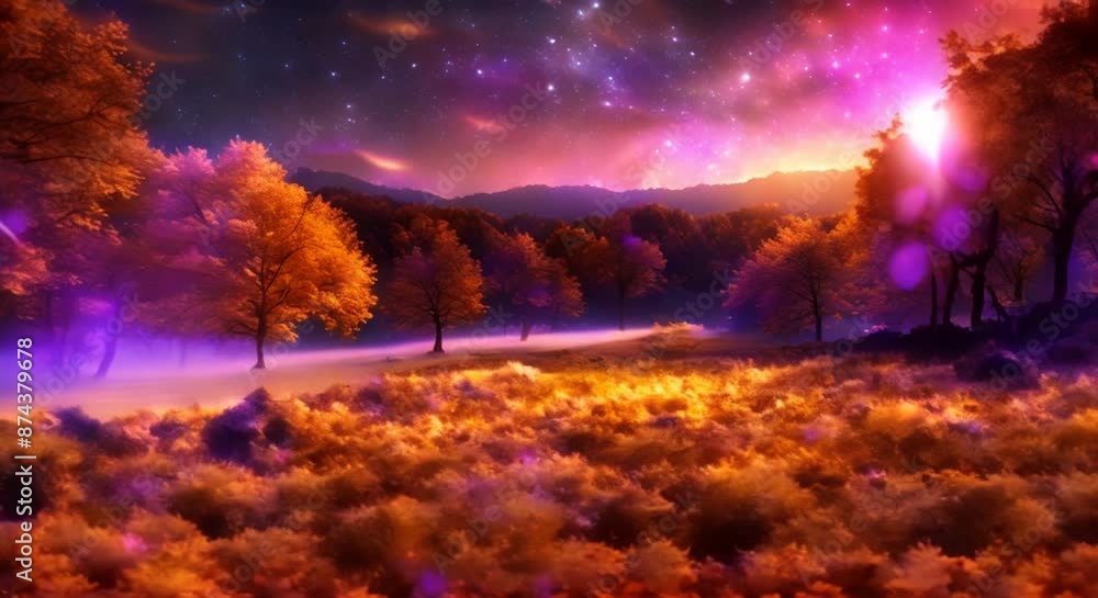 Enchanting fantasy landscape under the autumn night sky where magic meets the glow of falling leavesSeamless looping time lapse virtual video animation background 4k animation Enchanting fantasy landscape under the autumn night sky where magic meets the glow of falling leavesSeamless looping time lapse virtual video animation background 4k animation