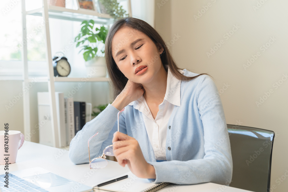 Office workers have neck pain from bad posture during sitting and work. Office workers have neck pain from bad posture during sitting and work.