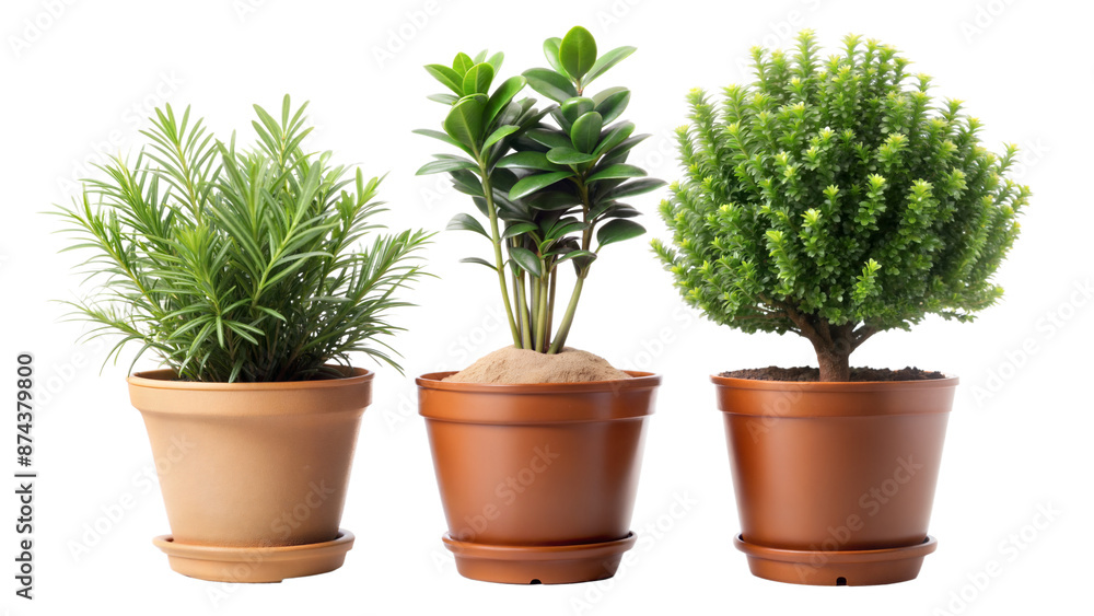 Three potted plants of different sizes and shapes are arranged in a row Three potted plants of different sizes and shapes are arranged in a row