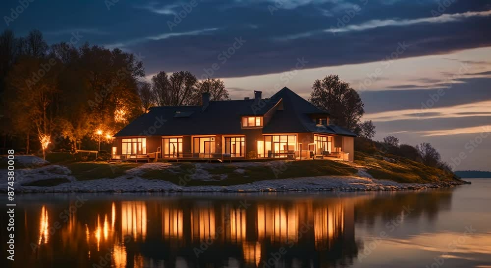 Glowing house by lakeside in serene evening landscape Seamless looping time lapse virtual video animation background 4k animation Glowing house by lakeside in serene evening landscape Seamless looping time lapse virtual video animation background 4k animation
