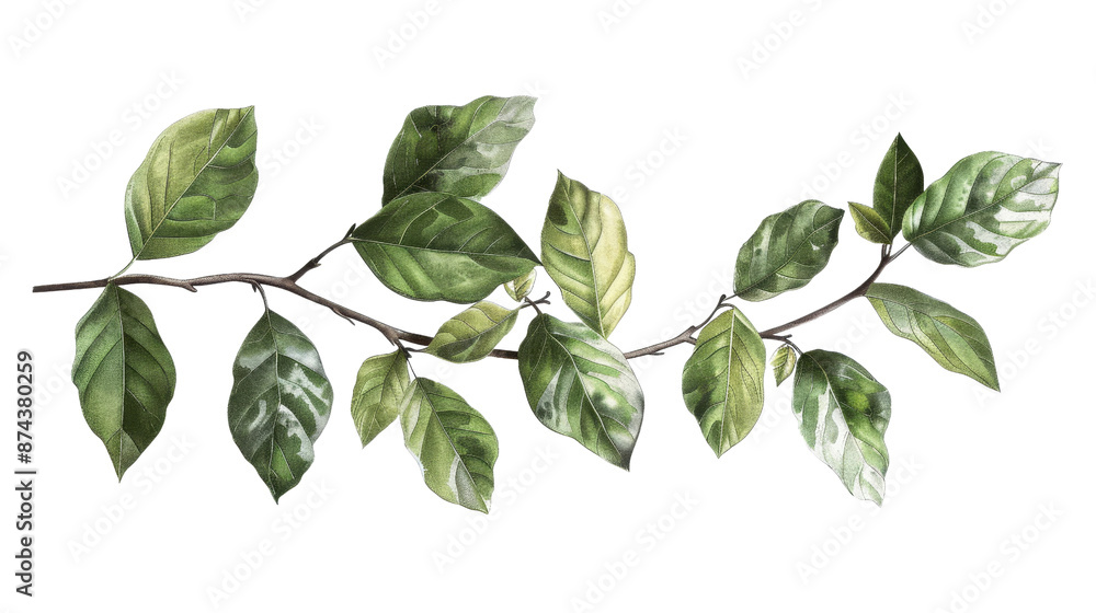 Green Branch with Detailed Leaves Isolated on White Background, PNG File Green Branch with Detailed Leaves Isolated on White Background, PNG File